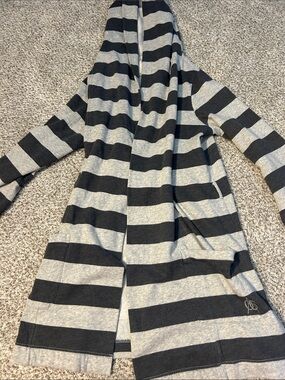 aerie Hooded Striped Robe Cardigan in Black and Gray